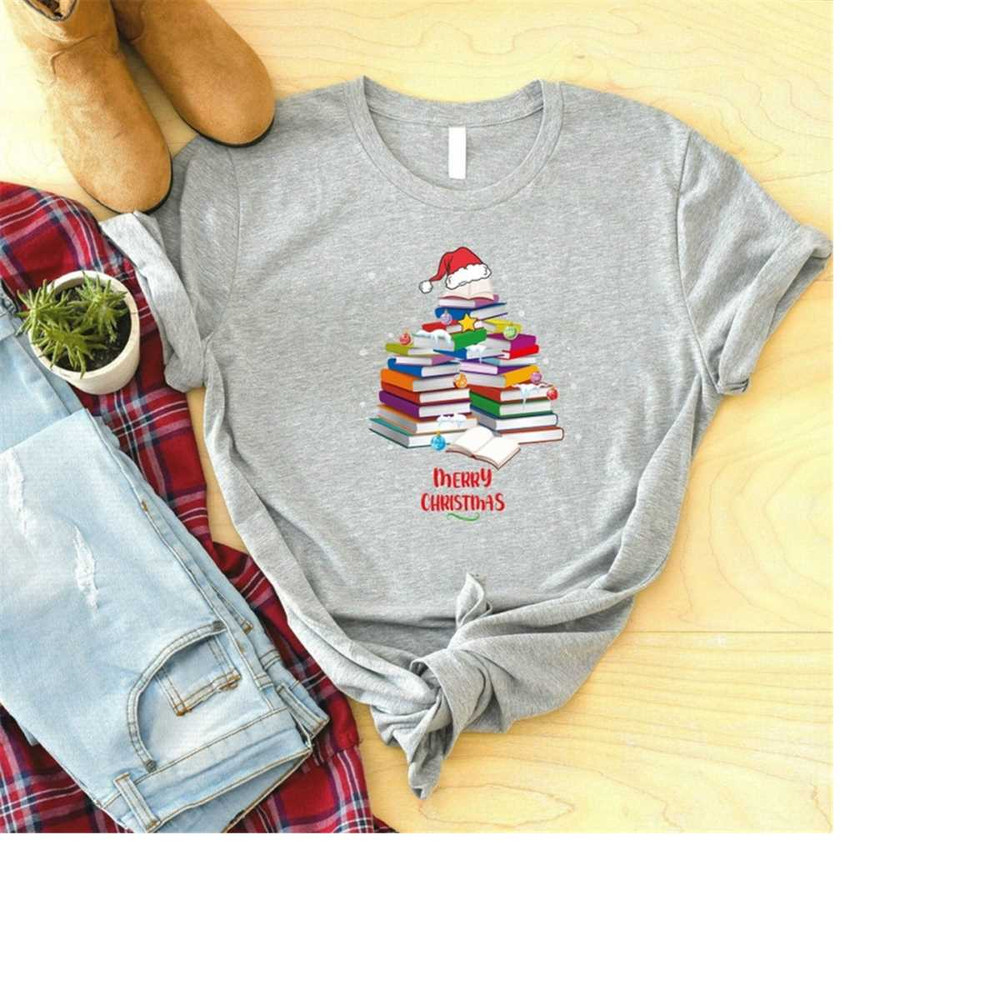 Merry Christmas Shirt, Book Christmas Tree Shirt, Teacher Christmas T-Shirt, Holiday Shirt, Christmas Gifts, Book Lover.jpg