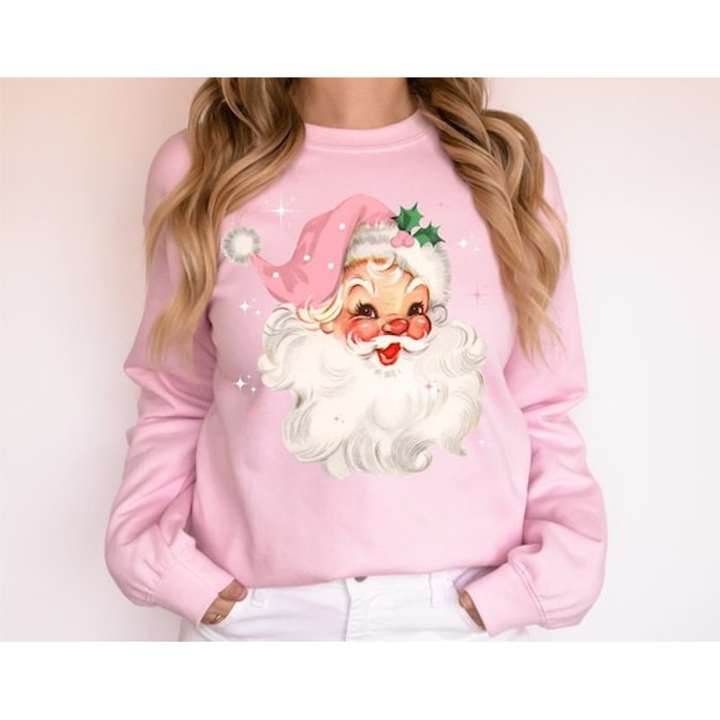 Pink Christmas Santa Sweatshirt, Retro Pink Santa Hat Sweater, Classic Christmas Santa, Pink Christmas, Vintage Santa Ho.jpg