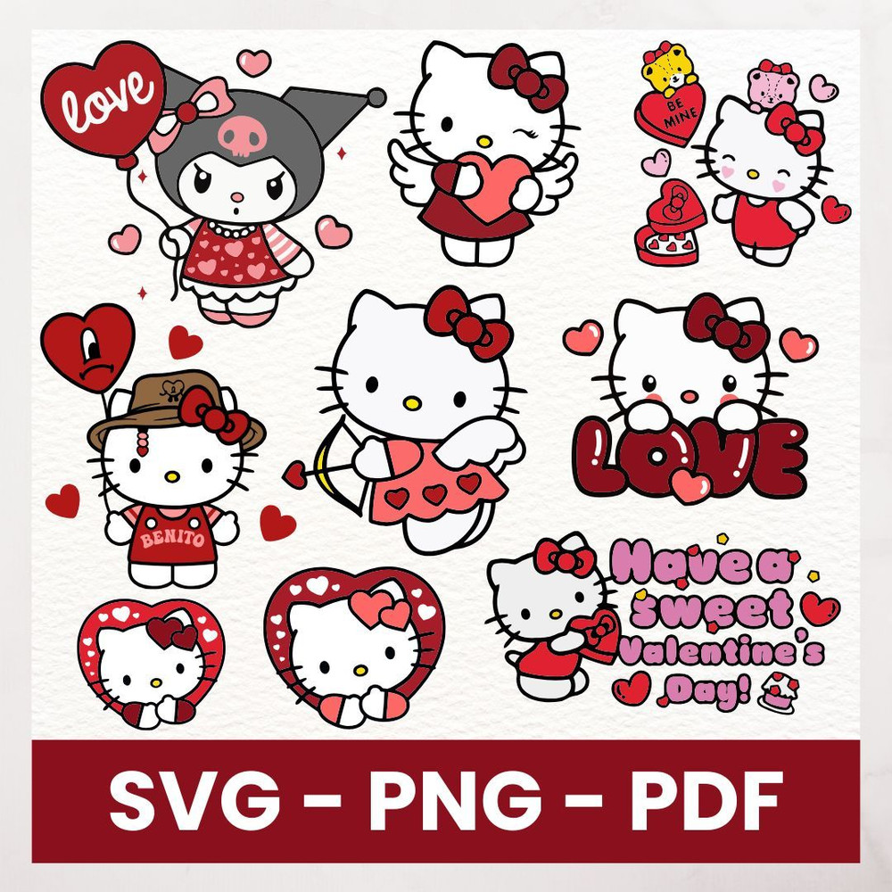 Valentine's Day Kitty SVG Bundle, 9 Cute Cat Designs, Love Kitty Clipart, Cat Lover SVG Files, Valentine's Day SVG