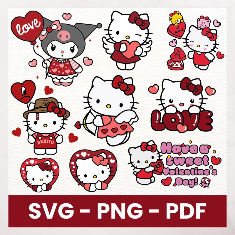 Valentine's Day Kitty SVG Bundle, 9 Cute Cat Designs, Love Kitty Clipart, Cat Lover SVG Files, Valentine's Day SVG