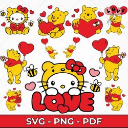 winnie the pooh valentine's day svg bundle, cute pooh bear valentine designs, love-themed svg files, digital valentine