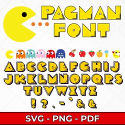 pacman font svg bundle, retro arcade fonts, pacman alphabet svg, gaming fonts for cricut, pacman-themed fonts for crafts