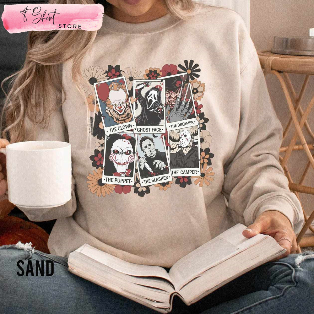 Retro Halloween Horror Movies Characters Floral Sweatshirt - Happy Place for Music Lovers.jpg