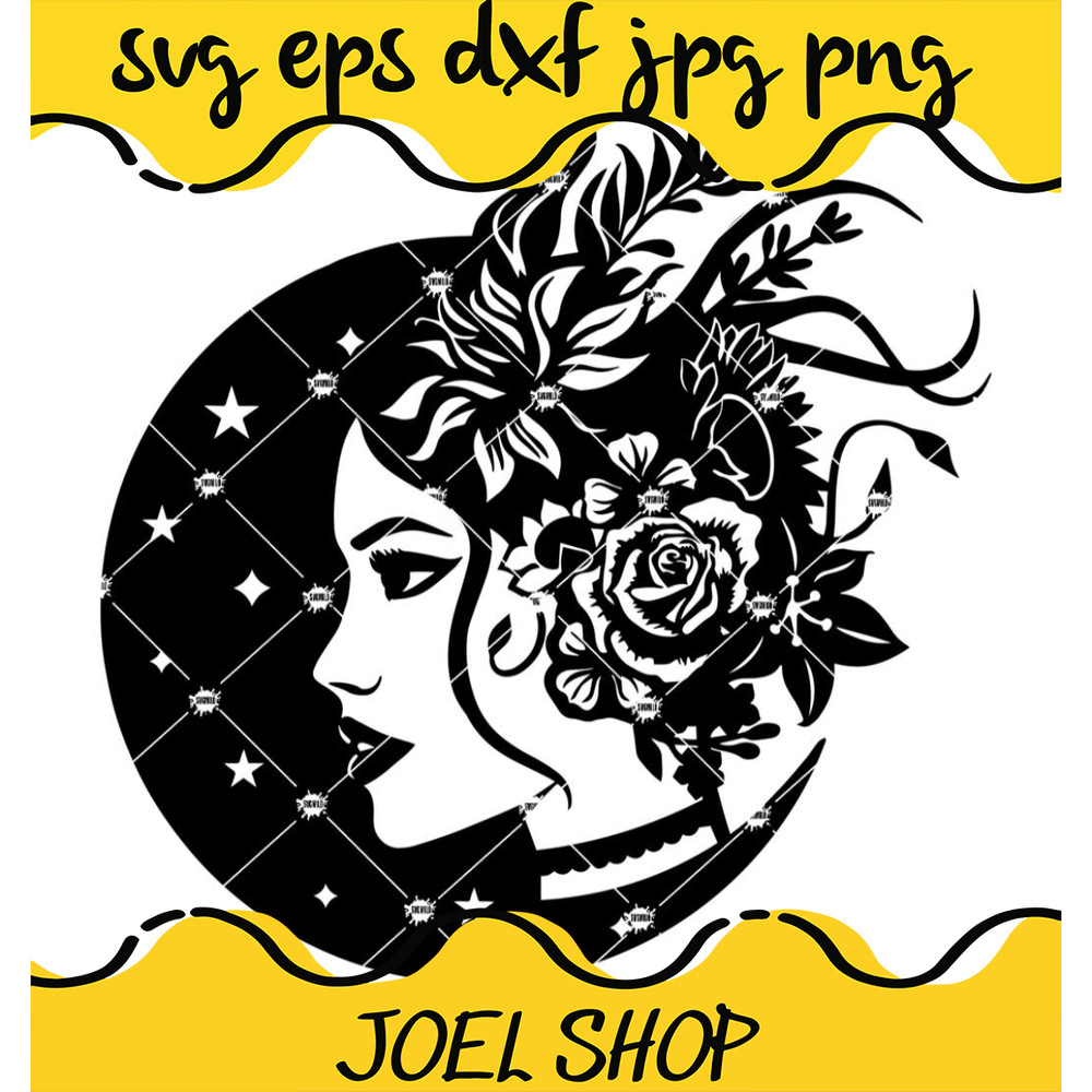 Celestial Girl With Flowers Svg, Mystical Svg, Moon Svg.jpg