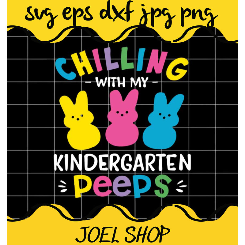 Kinder Teacher Chilling With My Peeps Cute Colorful Bunny V Neck cut f.jpg