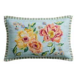 Pale Blue Embroidered Flowers Indoor Outdoor Lumbar Pillow