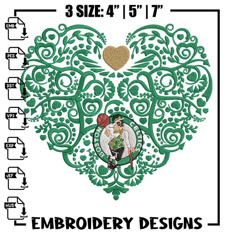 Boston Celtics heart embroidery design, NBA embroidery, Sport embroidery, Logo sport embroidery, Embroidery design.jpg