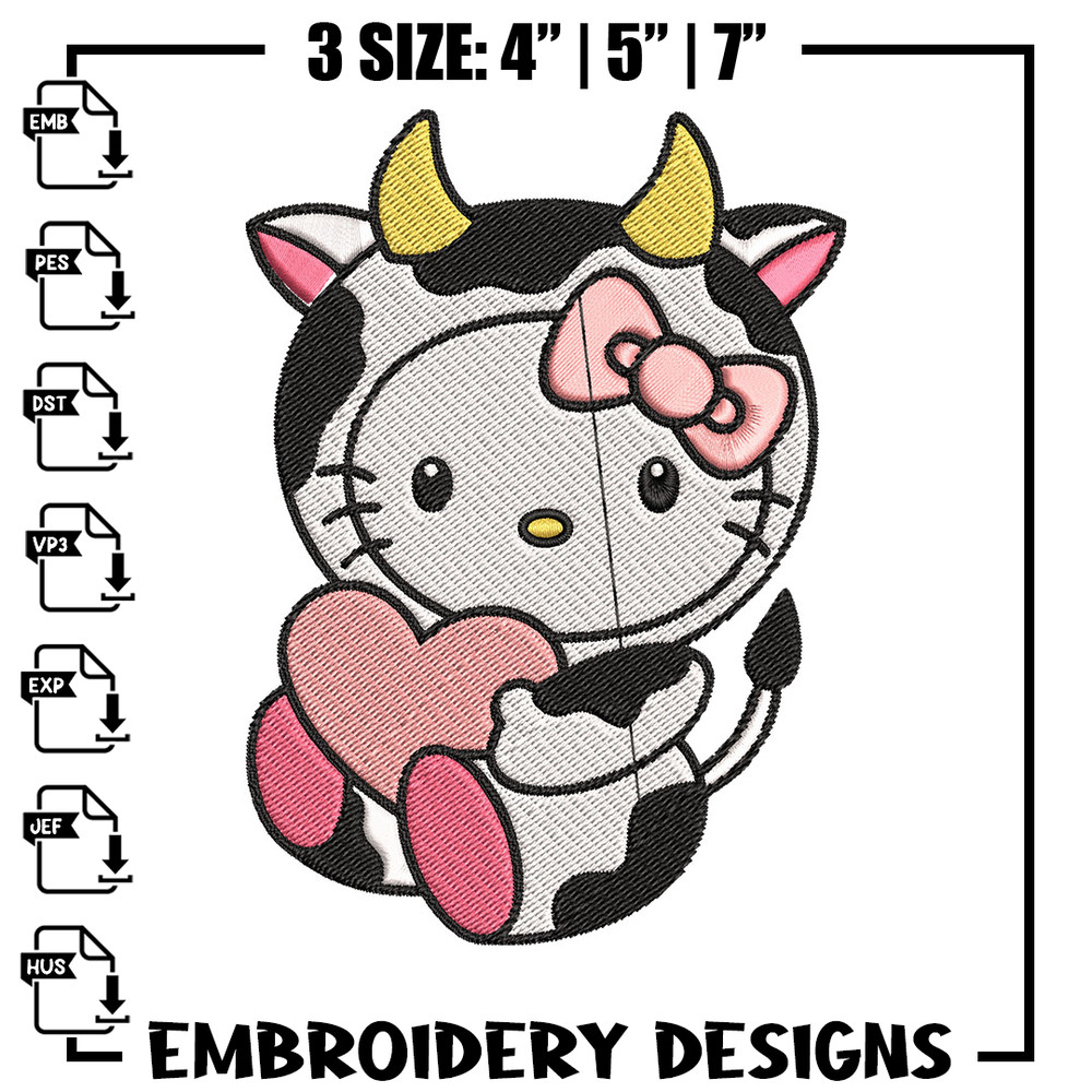 Cow Hello Kitty With Heart Embroidery Design, Hello Kitty Embroidery, Embroidery File, Cartoon shirt, Digital download..jpg