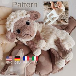 Crochet lovey animal sheep PATTERN, pajama bag crochet pattern, stuffed animals SHEEP plush amigurumi pattern