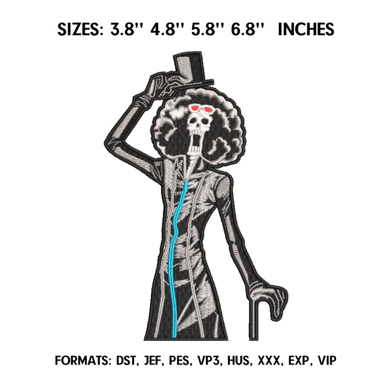 Brook Embroidery Design File, One Piece Anime Embroidery Design, Machine Embroidery, Anime Pes Design Brother.png