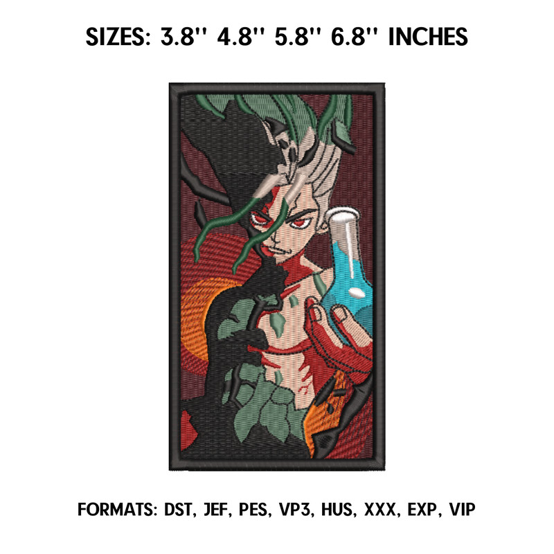 Dr Stone Embroidery Design File, Dr Stone Anime Embroidery, Machine embroidery design, Anime Design Pes Brother.png