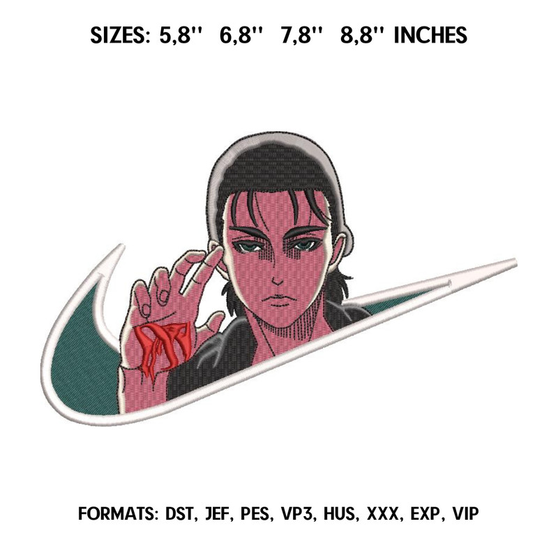 Eren Yeager Embroidery Design File  Attack on Titan Anime Embroidery Design Eren Jaeger Nike Swoosh embroidery design.png