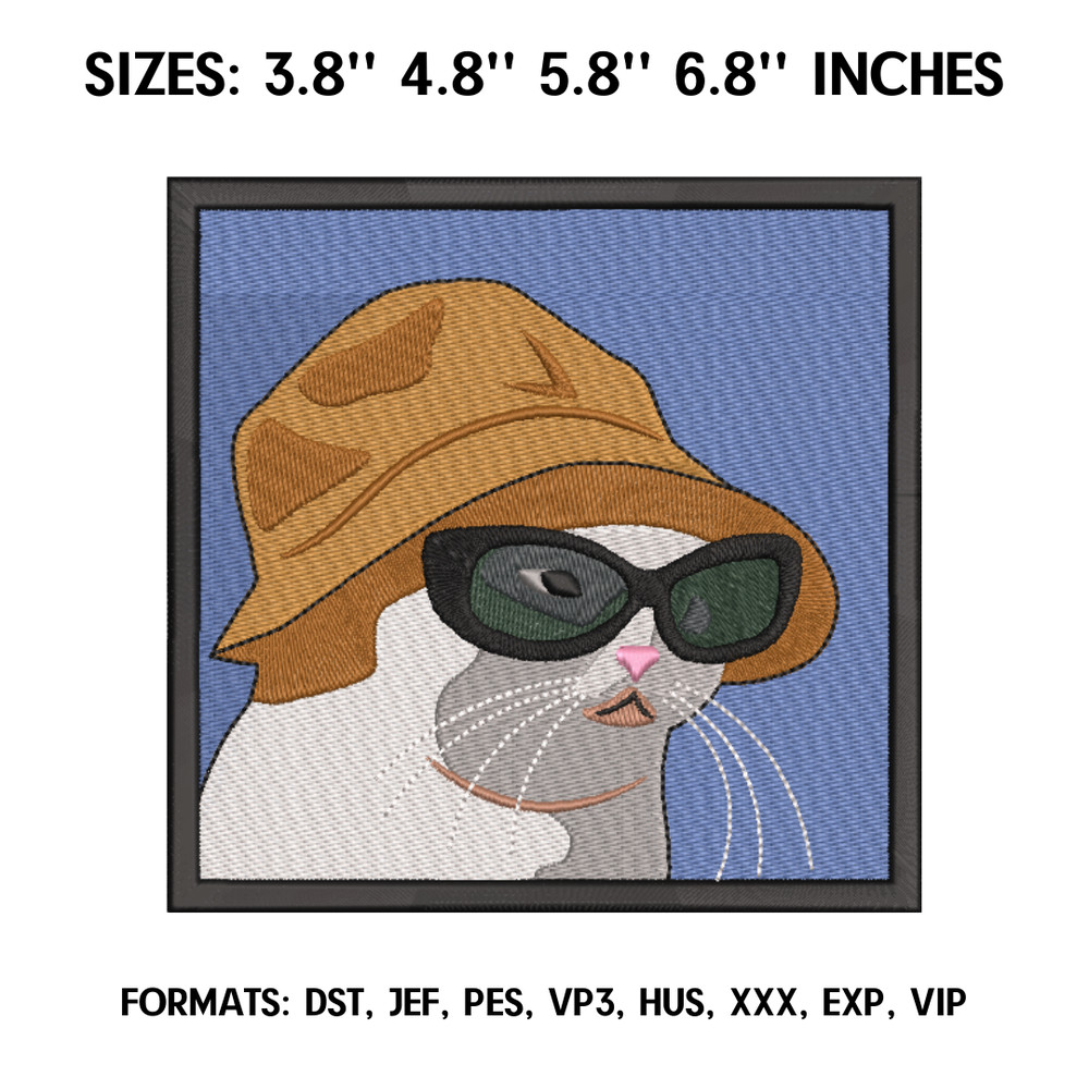 Mem Cat in Glasses and Panama Anime Embroidery Design, Machine embroidery file. Ghibli embroidery design.png