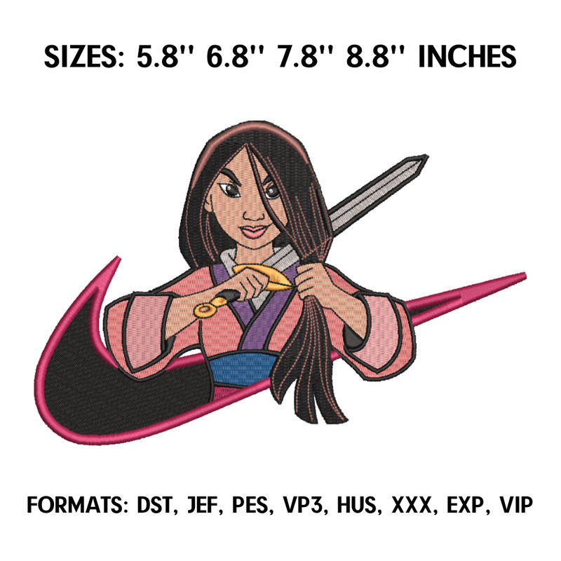 Mulan Embroidery Design File, Mulan Anime Embroidery Design, Machine Embroidery, Nike Swoosh Embroidery Design.png