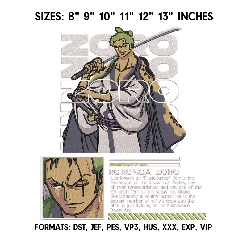 One Piece Zoro Embroidery Design File, One Piece Anime Embroidery Design, Machine Embroidery File. Zoro Roronoa Design.png