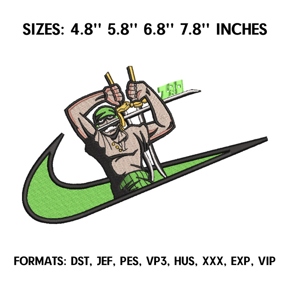 One Piece Zoro Embroidery Design File, One Piece Anime Embroidery Design, Machine Embroidery File. Zoro Roronoa Nike 1.png
