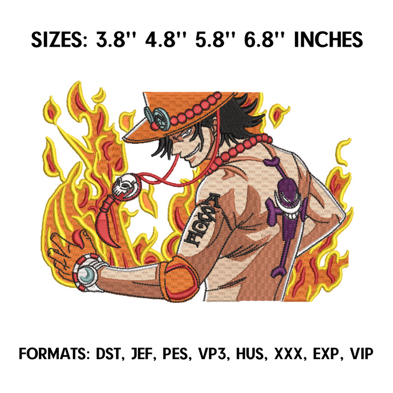 Portgas D. Ace Embroidery Design File, One Piece Anime Embroidery Design, Machine Embroidery Pes Dst. Anime pes Design.png