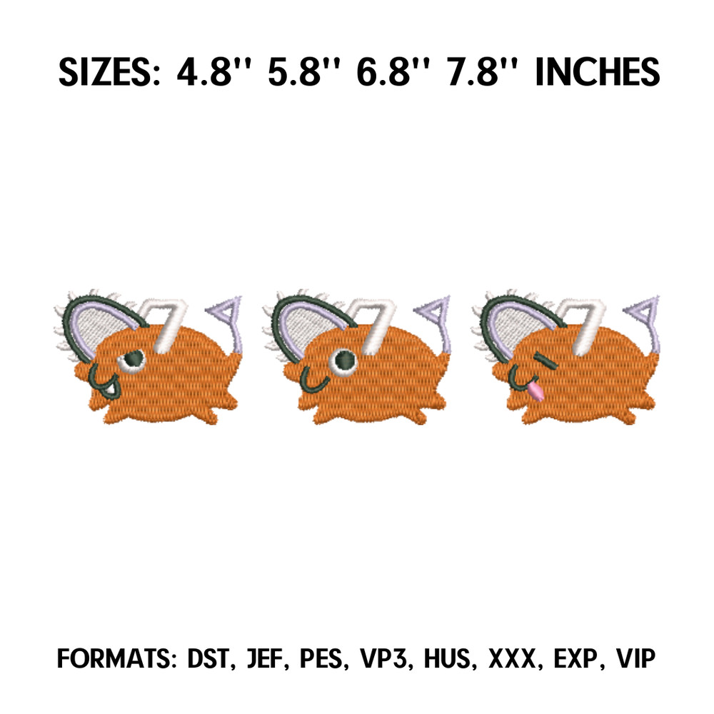 Three Pochita embroidery design, Chainsaw Man Anime Embroidery Design, Anime Pes Design, Machine embroidery pattern.png