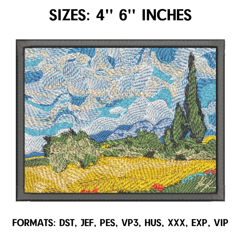 Van Gogh Wheat Field with Cypresses Embroidery Design File Pes, Art Embroidery design, Art Design, Vincent Van Gogh.png