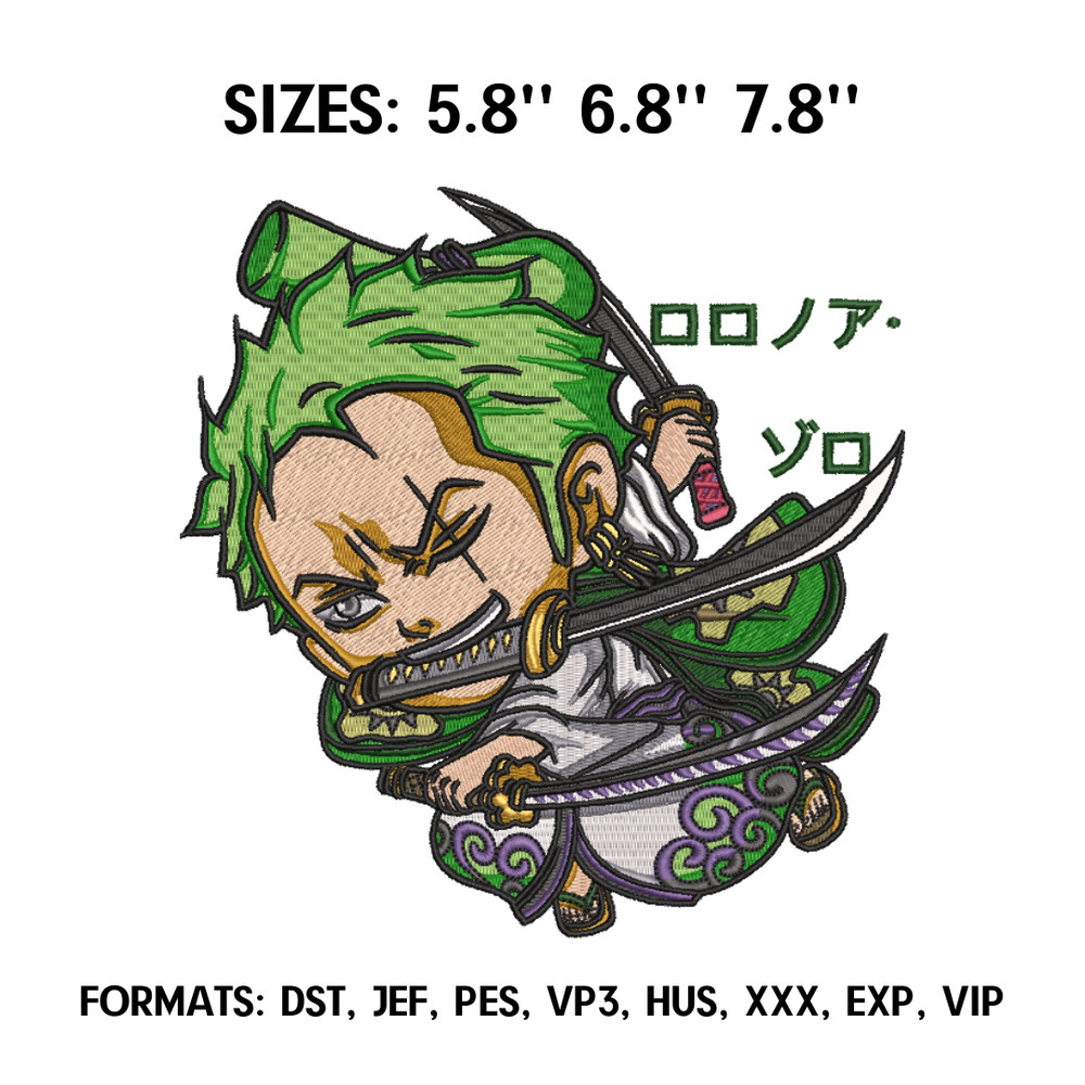 Zoro Chibi Embroidery Design File, One Piece Anime Embroidery Design, Machine Embroidery File. Zoro Roronoa pes Design.png