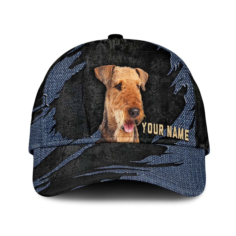 Airedale Terrier Jean Background Custom Name & Photo Dog Cap - Classic Baseball Cap All Over Print - Gift For Dog Lovers 1.jpg