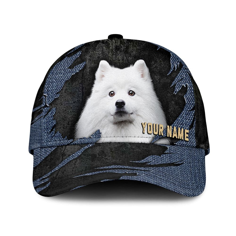 American Eskimo Jean Background Custom Name & Photo Dog Cap - Classic Baseball Cap All Over Print - Gift For Dog Lovers 1.jpg