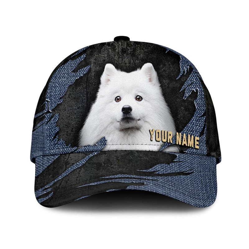 American Eskimo Jean Background Custom Name & Photo Dog Cap - Classic Baseball Cap All Over Print - Gift For Dog Lovers 1.jpg