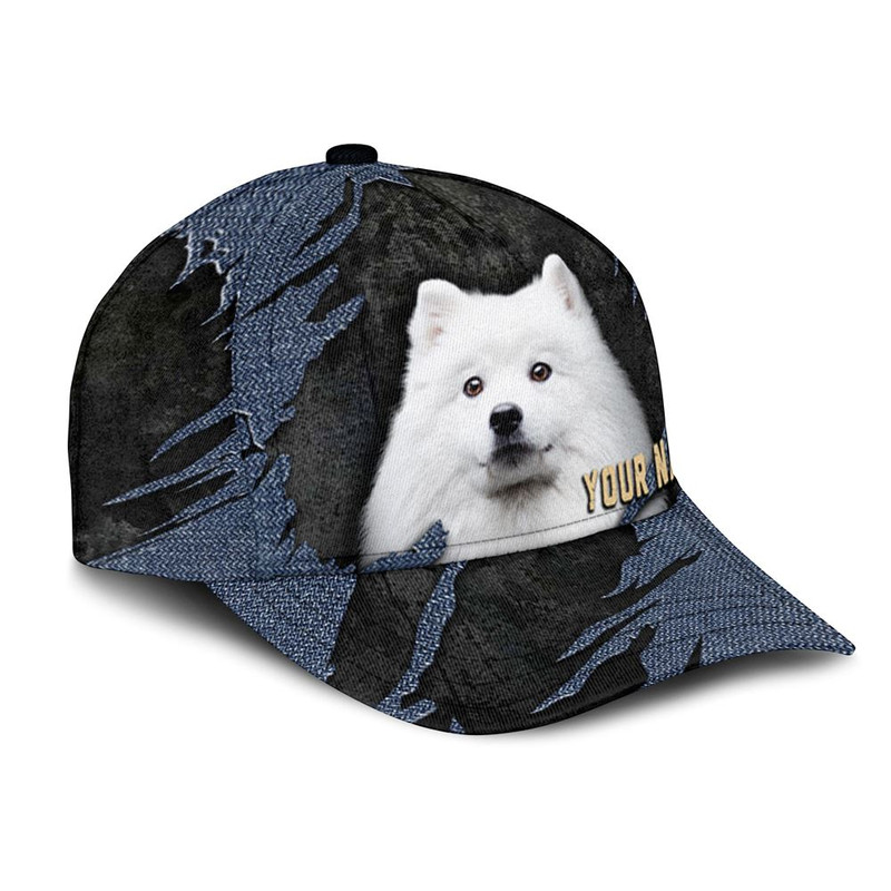 American Eskimo Jean Background Custom Name & Photo Dog Cap - Classic Baseball Cap All Over Print - Gift For Dog Lovers 2.jpg