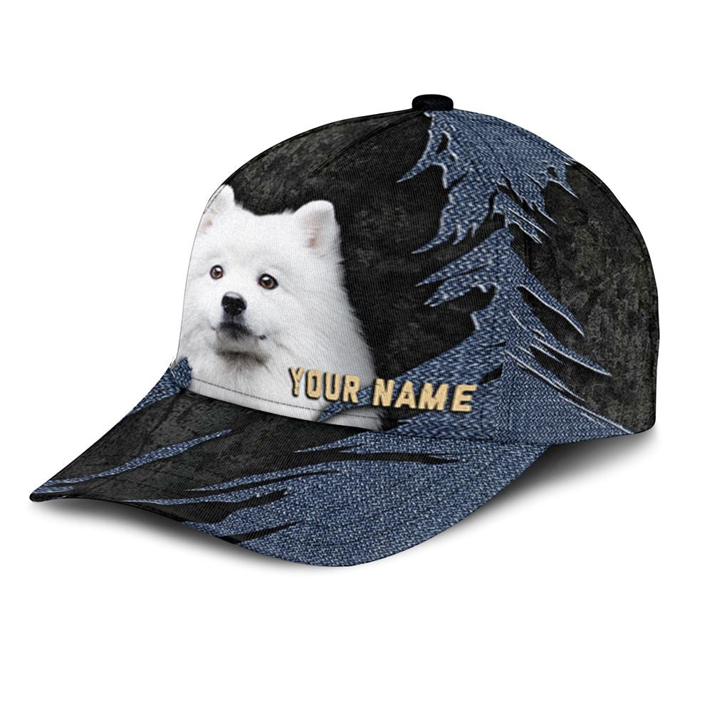 American Eskimo Jean Background Custom Name & Photo Dog Cap - Classic Baseball Cap All Over Print - Gift For Dog Lovers 3.jpg