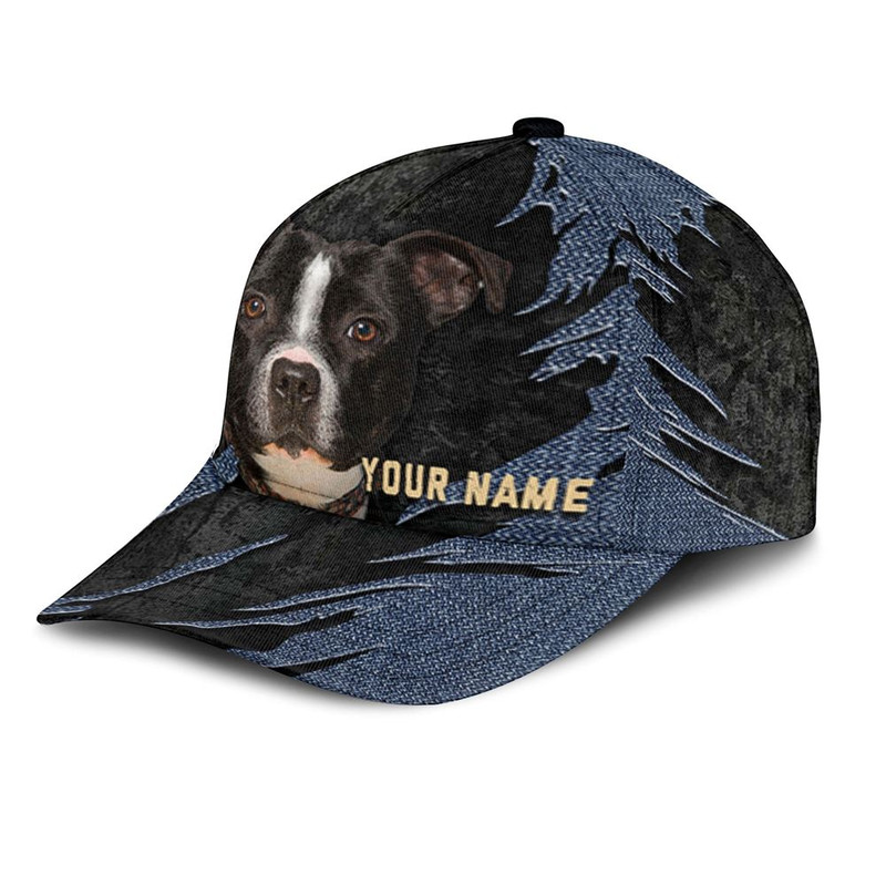 American Staffordshire Terrier Jean Background Custom Name & Photo Dog Cap - Classic Baseball Cap All Over Print - Gift For Dog Lovers 3.jpg
