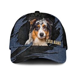 australian shepherd jean background custom name & photo dog cap, classic baseball cap all over print