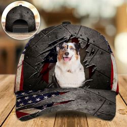 australian shepherd on the american flag cap custom photo, classic baseball cap all over print