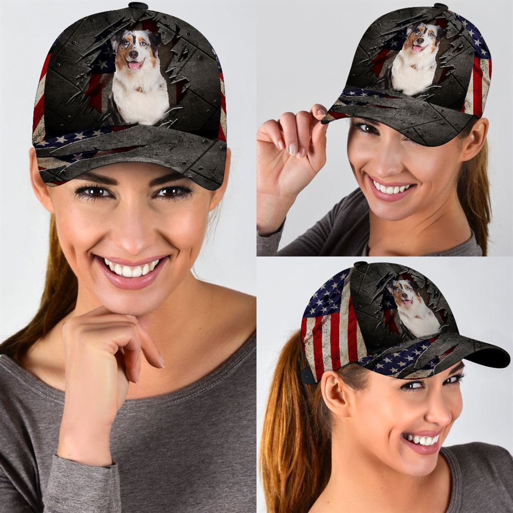 Australian Shepherd On The American Flag Cap Custom Photo - Hats For Walking With Pets - Gifts Dog Caps For Friends 2.jpg