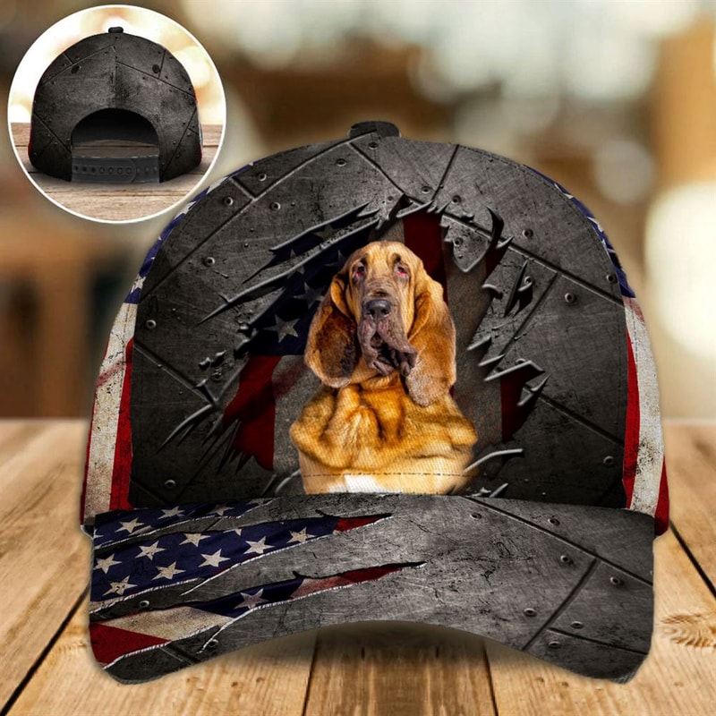 Bloodhound On The American Flag Cap Custom Photo - Hats For Walking With Pets - Gifts Dog Hats For Relatives 1.jpg