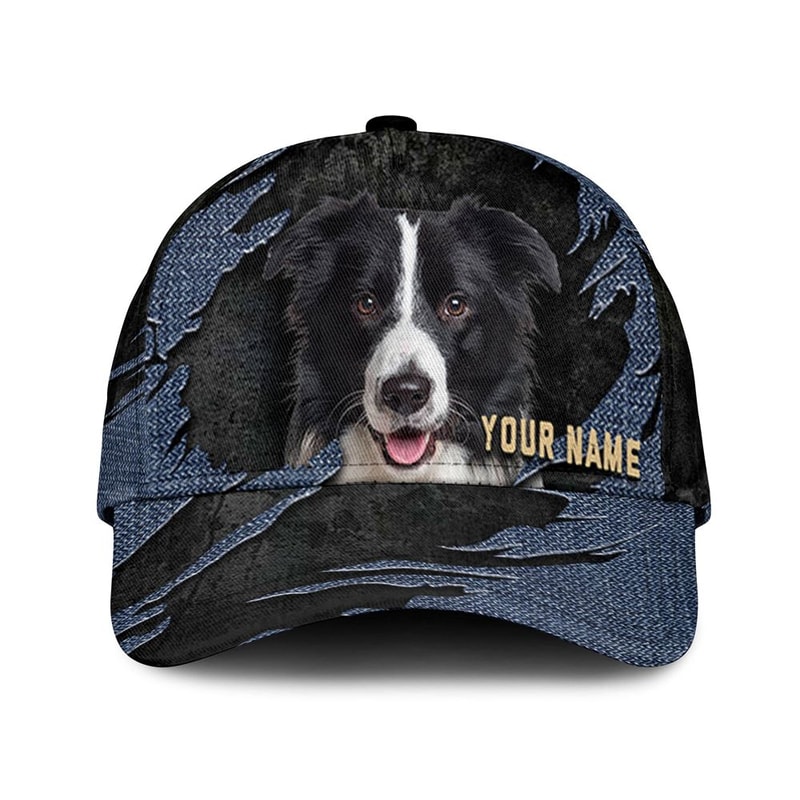 Border Collie Jean Background Custom Name & Photo Dog Cap - Classic Baseball Cap All Over Print - Gift For Dog Lovers 1.jpg