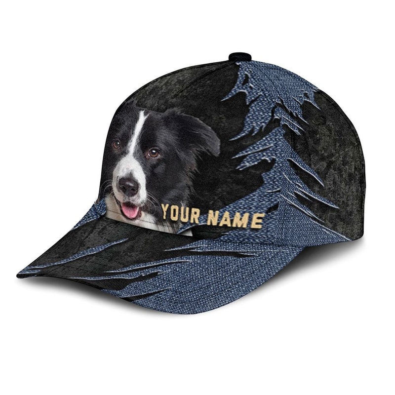 Border Collie Jean Background Custom Name & Photo Dog Cap - Classic Baseball Cap All Over Print - Gift For Dog Lovers 3.jpg