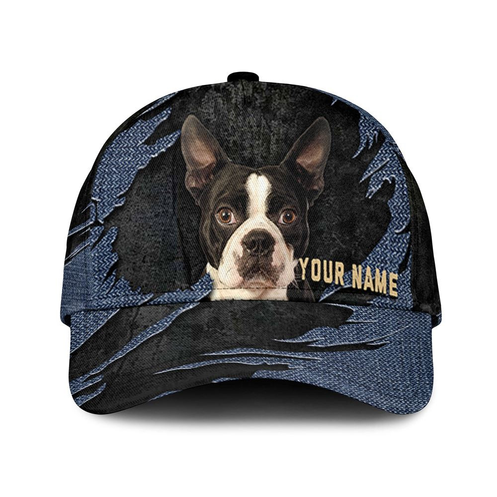 Boston Terrier Jean Background Custom Name & Photo Dog Cap - Classic Baseball Cap All Over Print - Gift For Dog Lovers 1.jpg