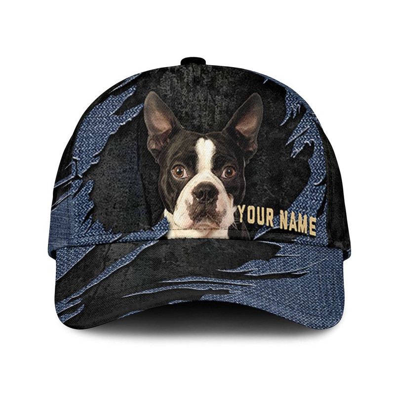 Boston Terrier Jean Background Custom Name & Photo Dog Cap - Classic Baseball Cap All Over Print - Gift For Dog Lovers 1.jpg