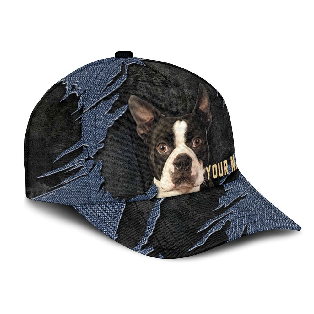 Boston Terrier Jean Background Custom Name & Photo Dog Cap - Classic Baseball Cap All Over Print - Gift For Dog Lovers 2.jpg