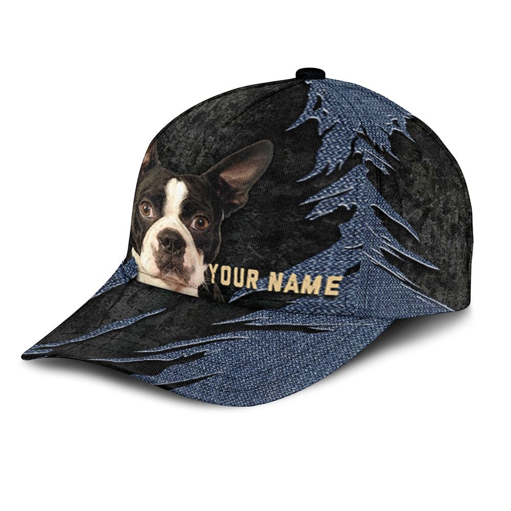 Boston Terrier Jean Background Custom Name & Photo Dog Cap - Classic Baseball Cap All Over Print - Gift For Dog Lovers 3.jpg