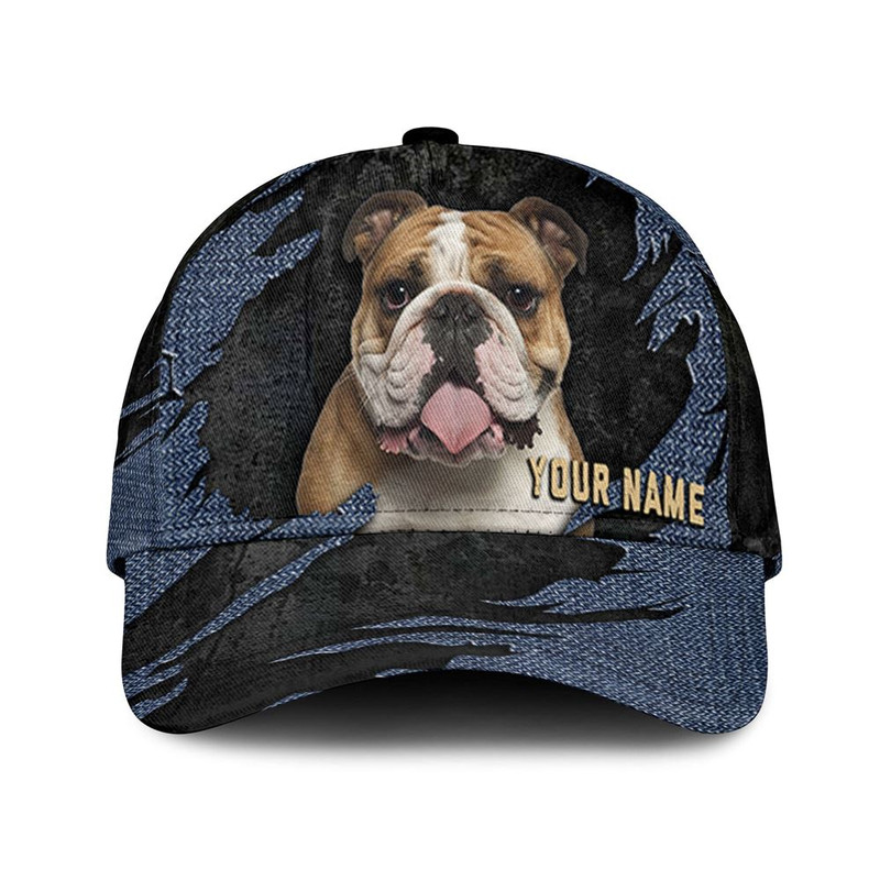 Bulldog Jean Background Custom Name & Photo Dog Cap - Classic Baseball Cap All Over Print - Gift For Dog Lovers 1.jpg