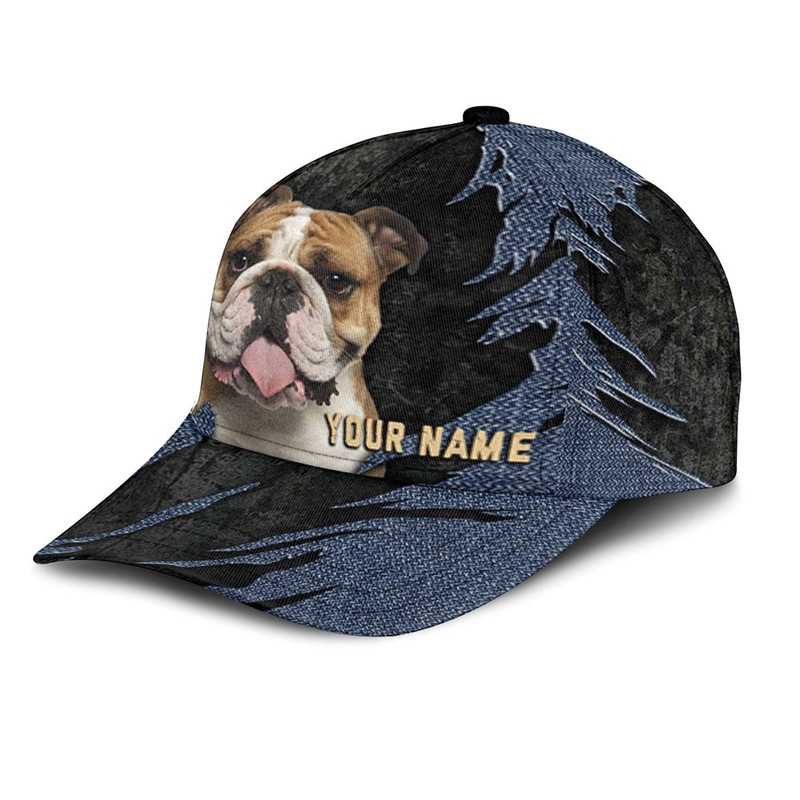 Bulldog Jean Background Custom Name & Photo Dog Cap - Classic Baseball Cap All Over Print - Gift For Dog Lovers 3.jpg