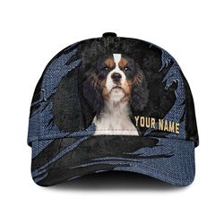 cavalier king charles spaniel jean background custom name & photo dog cap, classic baseball cap all over print