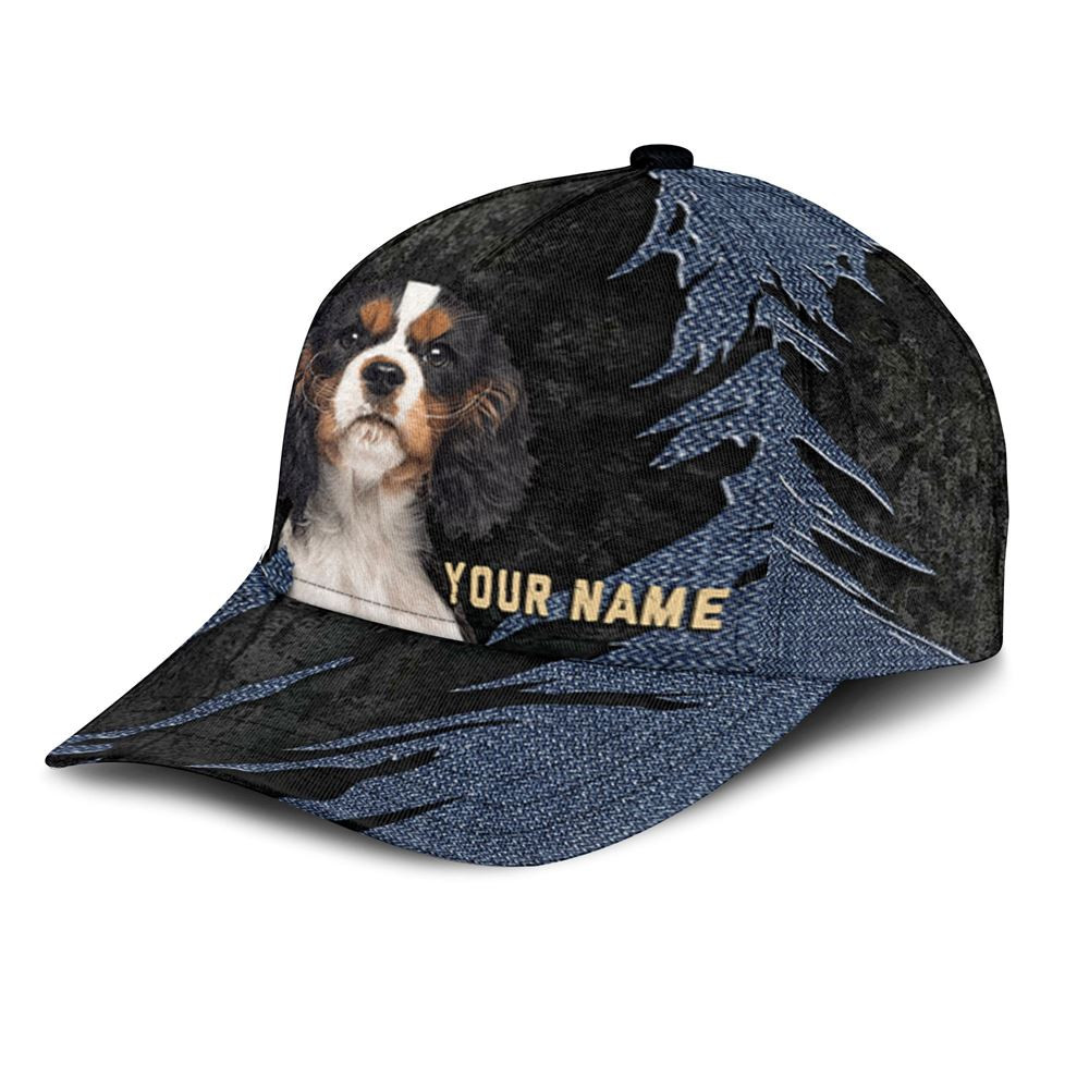Cavalier King Charles Spaniel Jean Background Custom Name & Photo Dog Cap - Classic Baseball Cap All Over Print - Gift For Dog Lovers 3.jpg