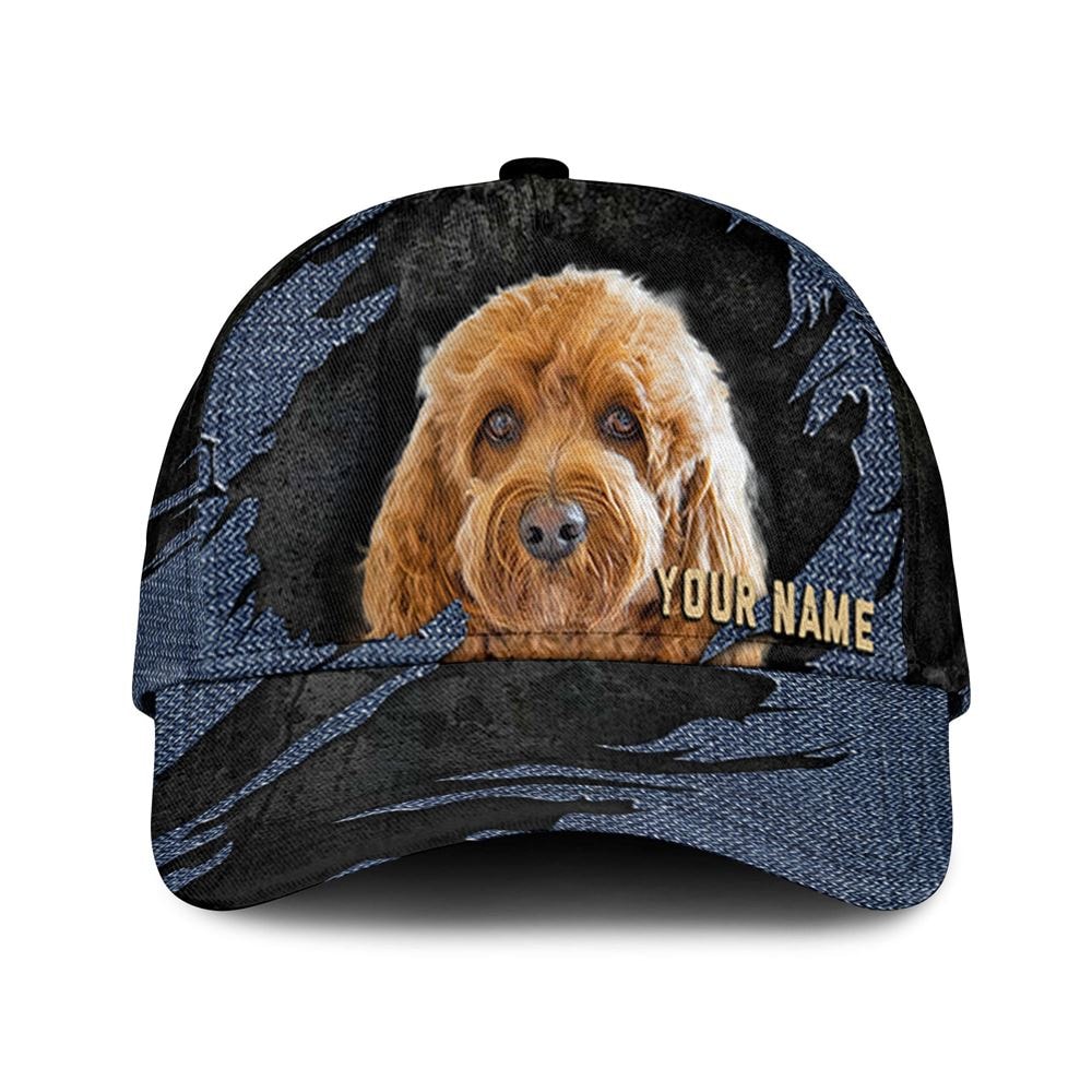 Cavapoo Jean Background Custom Name & Photo Dog Cap - Classic Baseball Cap All Over Print - Gift For Dog Lovers 1.jpg