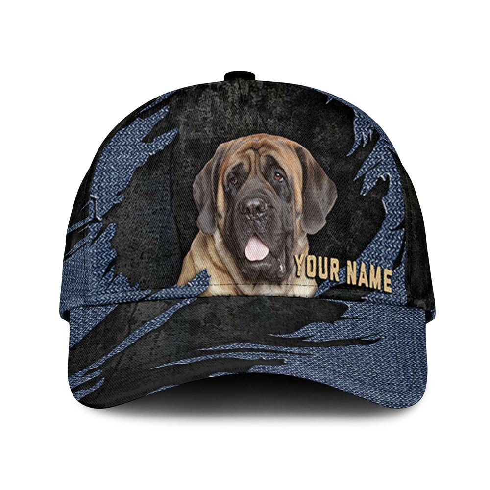 English Mastiff Jean Background Custom Name & Photo Dog Cap - Classic Baseball Cap All Over Print - Gift For Dog Lovers 1.jpg