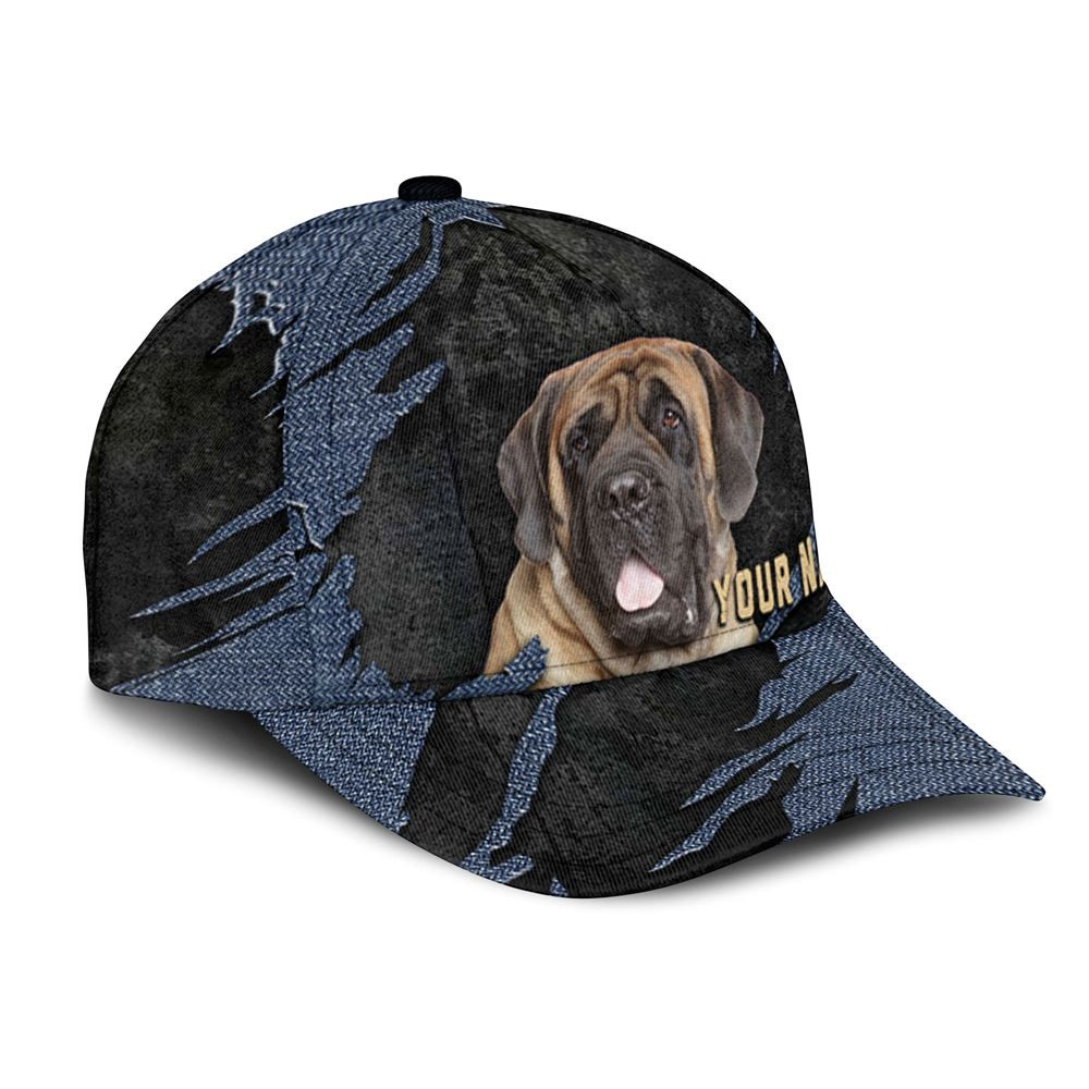 English Mastiff Jean Background Custom Name & Photo Dog Cap - Classic Baseball Cap All Over Print - Gift For Dog Lovers 2.jpg