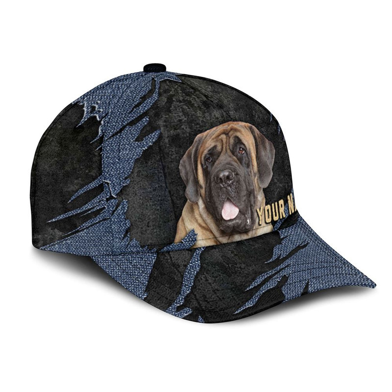 English Mastiff Jean Background Custom Name & Photo Dog Cap - Classic Baseball Cap All Over Print - Gift For Dog Lovers 2.jpg