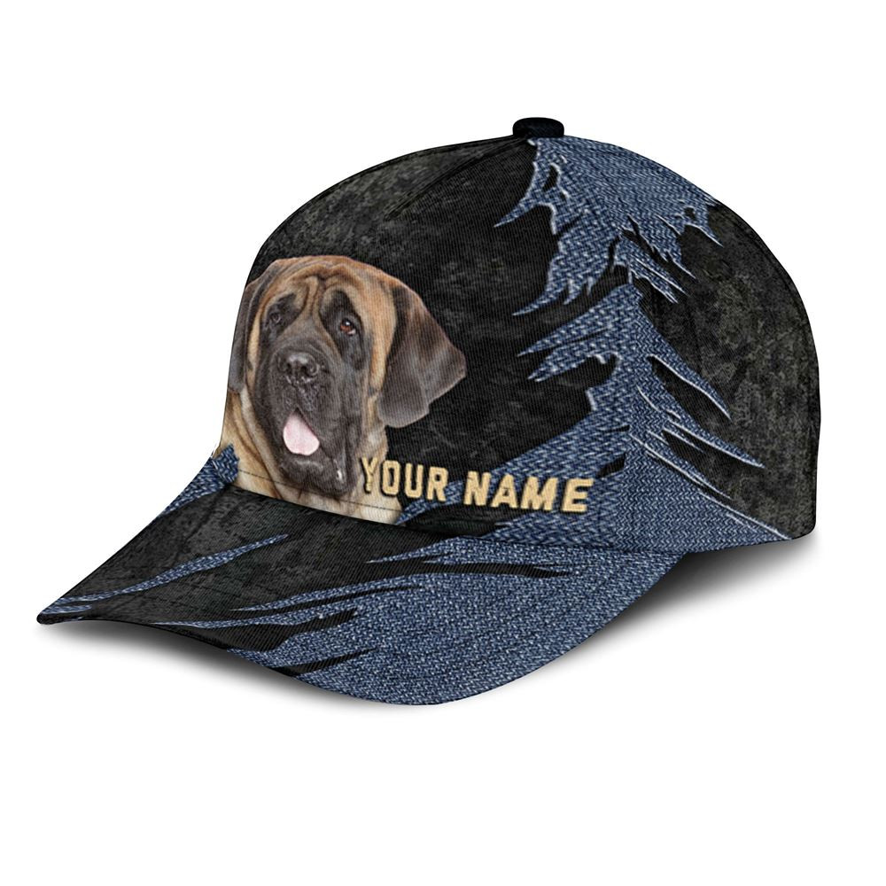 English Mastiff Jean Background Custom Name & Photo Dog Cap - Classic Baseball Cap All Over Print - Gift For Dog Lovers 3.jpg