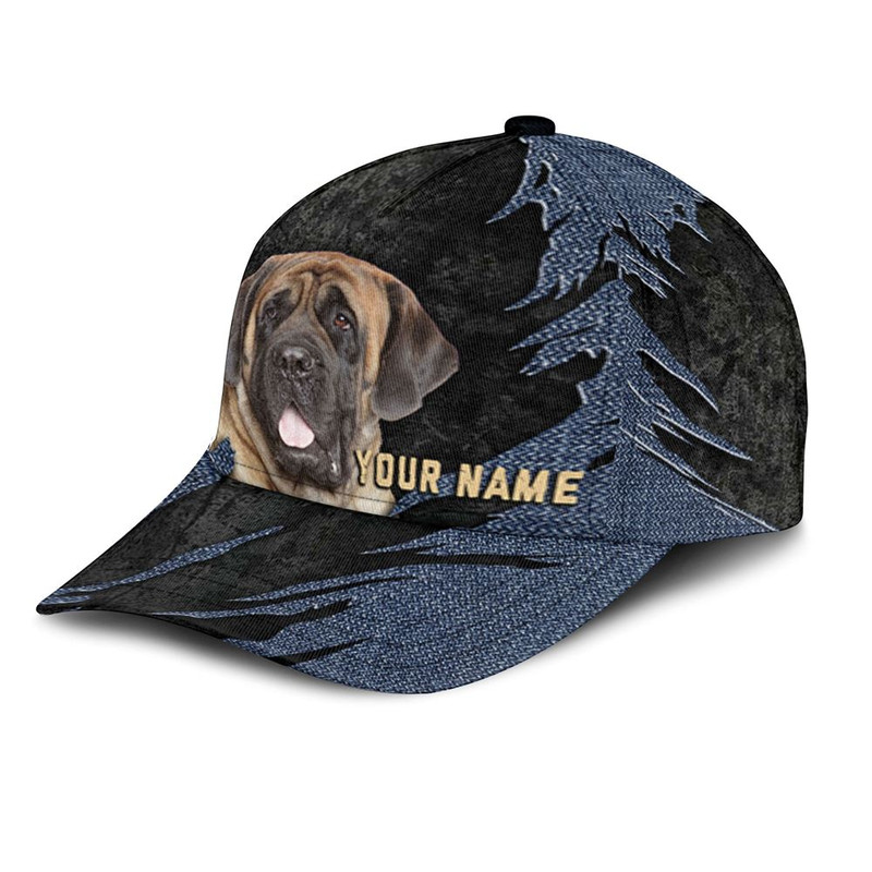 English Mastiff Jean Background Custom Name & Photo Dog Cap - Classic Baseball Cap All Over Print - Gift For Dog Lovers 3.jpg